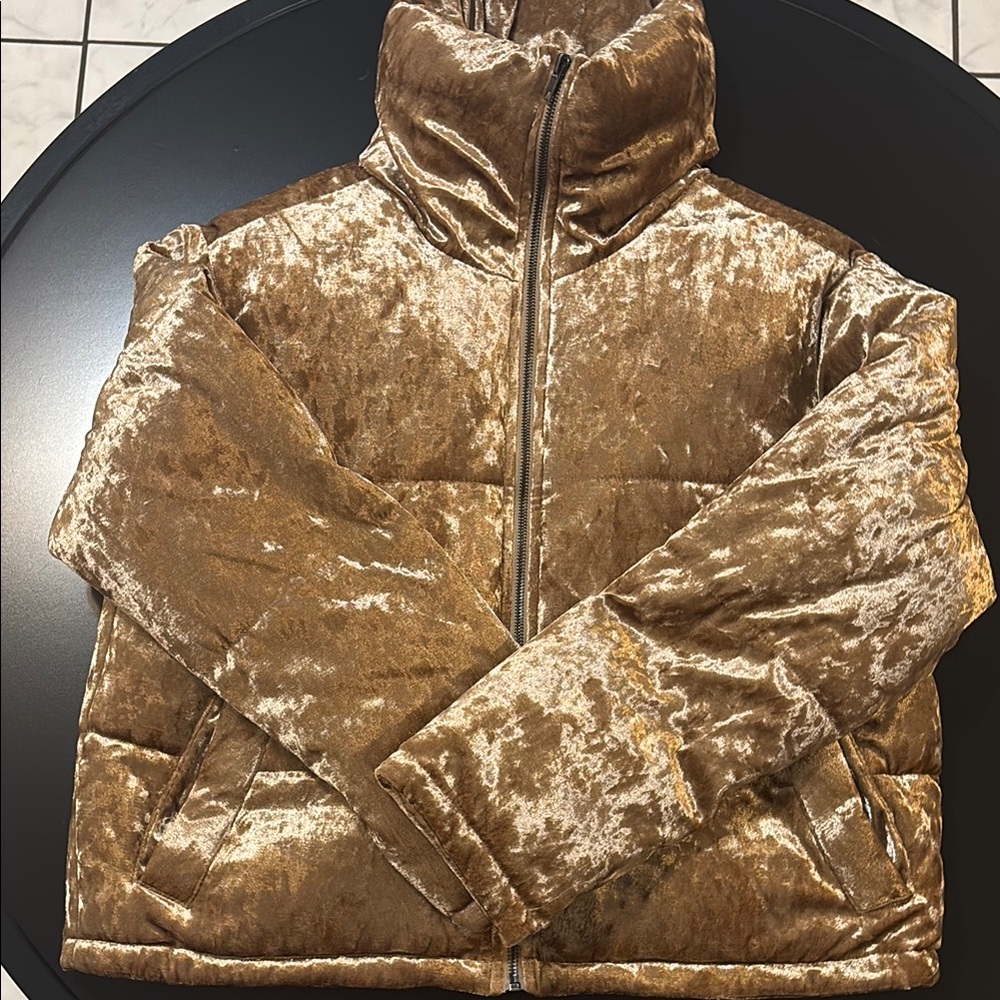 Forever 21 Shimmering Gold Velvet Puffer Jacket